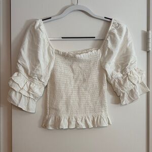 Altar'd State Cream Smocked Blouse with Ruffle Sleeves